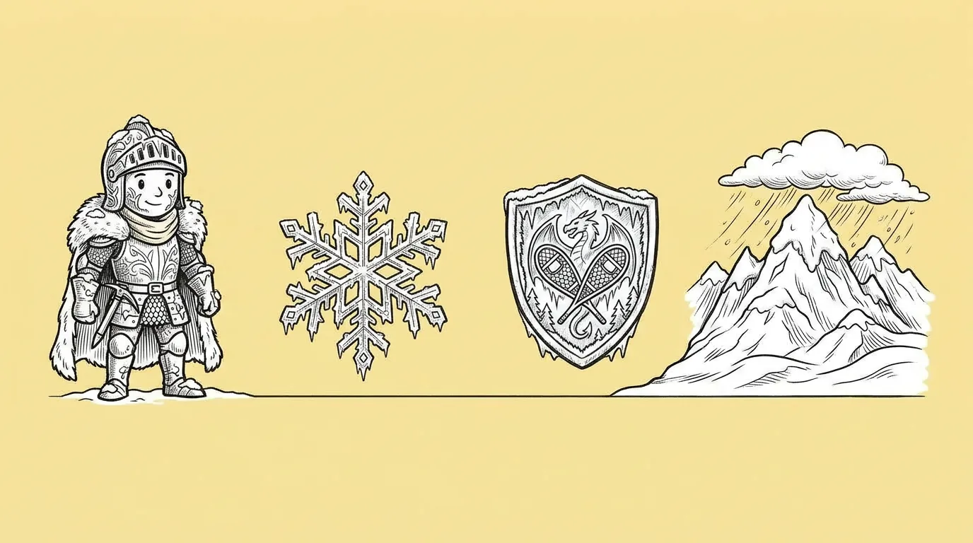 A pack of game assets, including characters, a logo, a background and icons, in one shared style