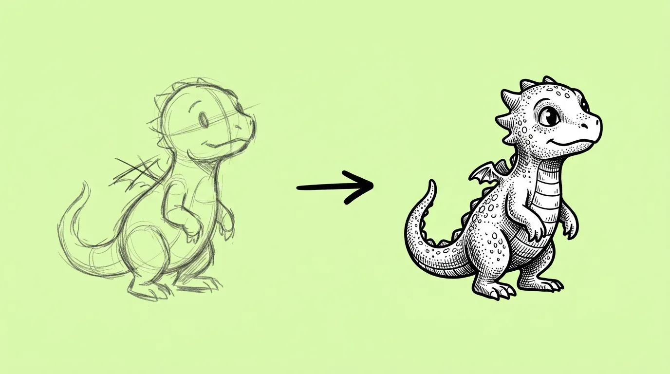 A rough pencil sketch of a game asset next to the finished rendered version