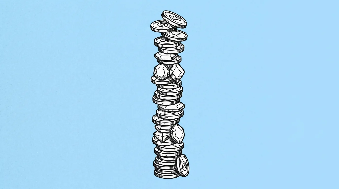 A pile of in-game coins and gems shown from an isometric angle