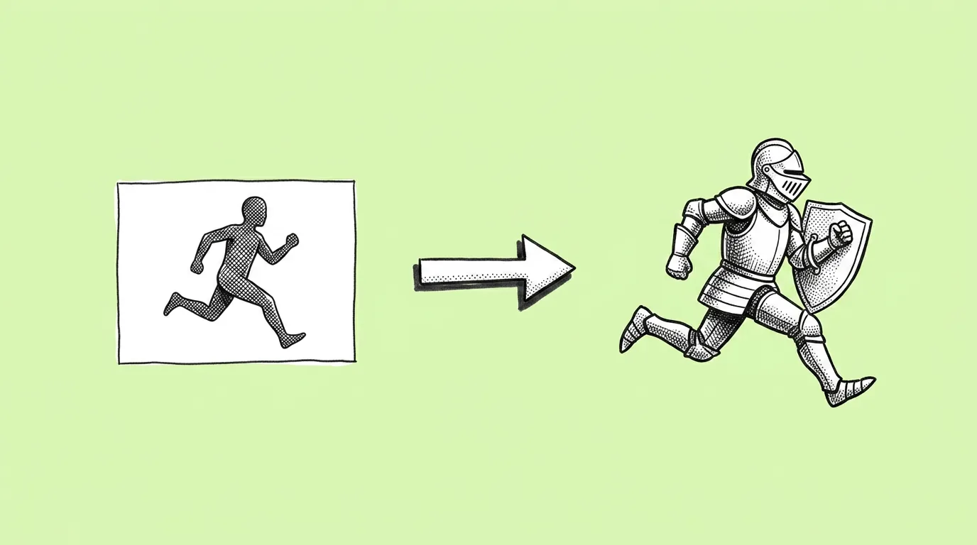 A pose reference image next to a game character recreated in the same pose