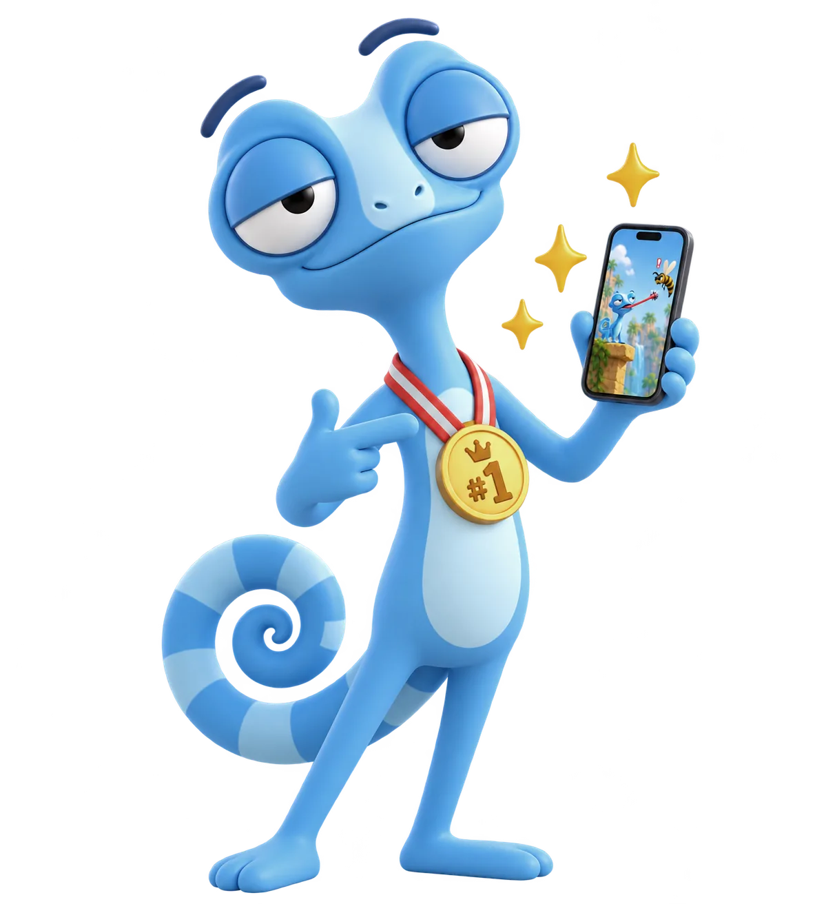 Character holding a phone with a number one medal