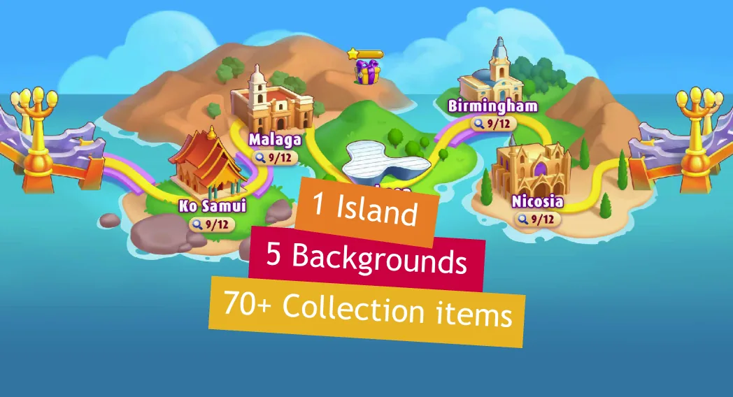 Bingo Blitz island map: 1 island, 5 backgrounds, 70+ collection items across Ko Samui, Malaga, Birmingham and Nicosia