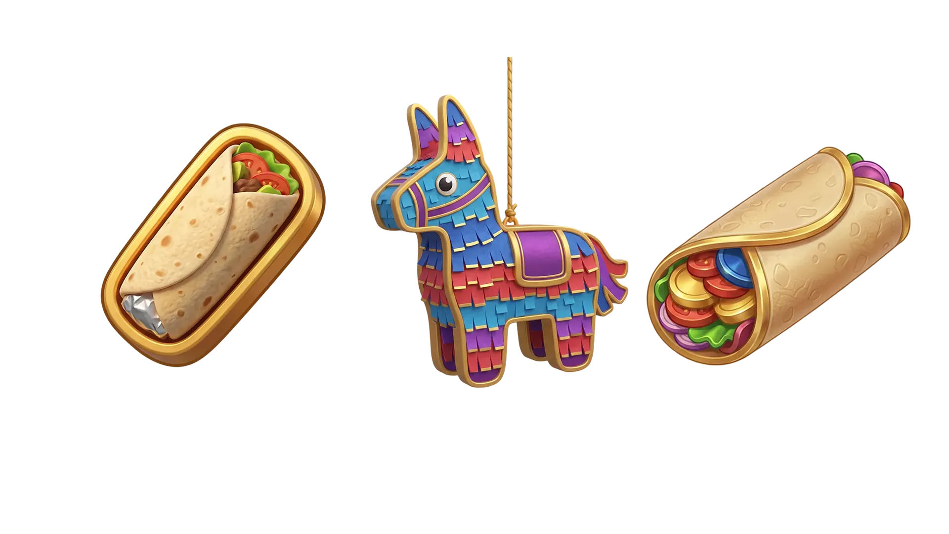 Mexican-themed game item icons: burrito, pinata and wrap, all in one style
