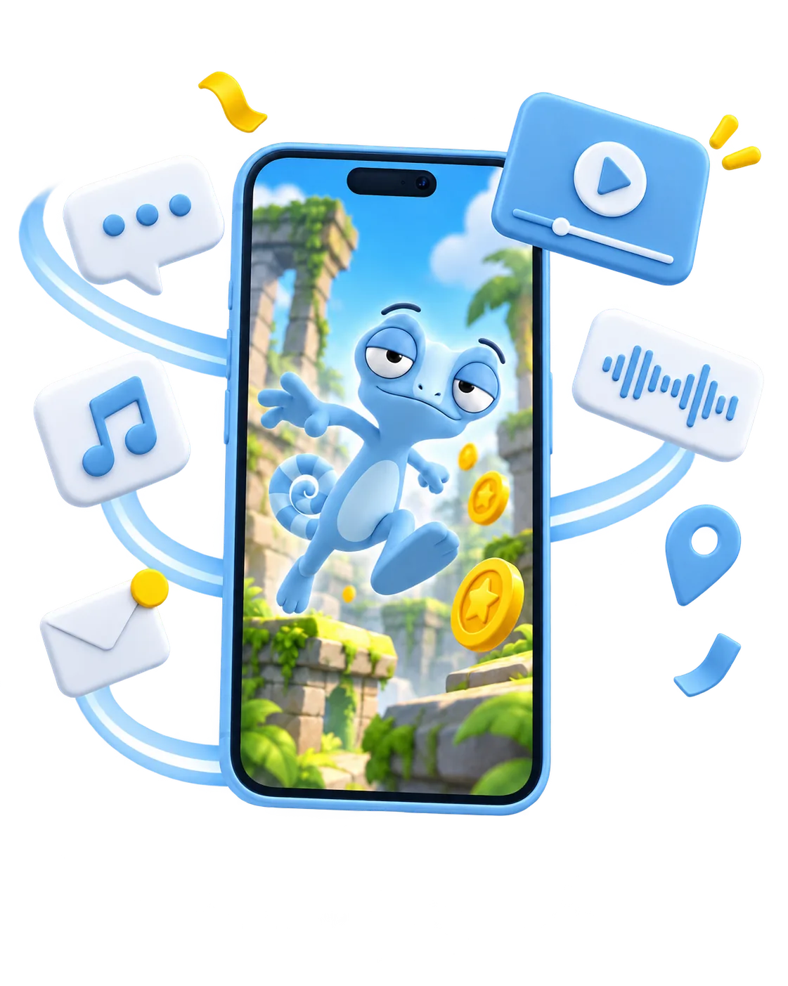 A playable on a phone surrounded by trend and sound icons